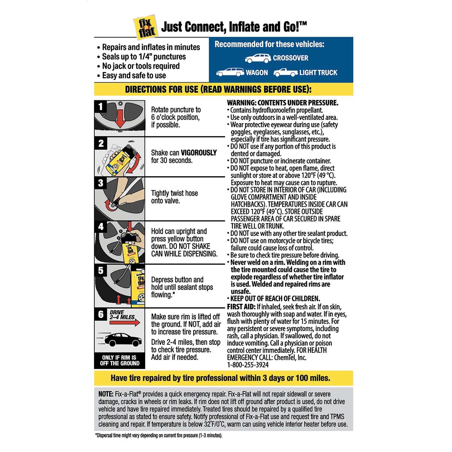 Fix-A-Flat Aerosol Emergency Flat Tire Repair and Inflator, for Large Tires, Eco-Friendly Formula, Universal Fit for All Cars and Small Trucks/Suvs, 20 Oz. (Pack of 1) - S60430