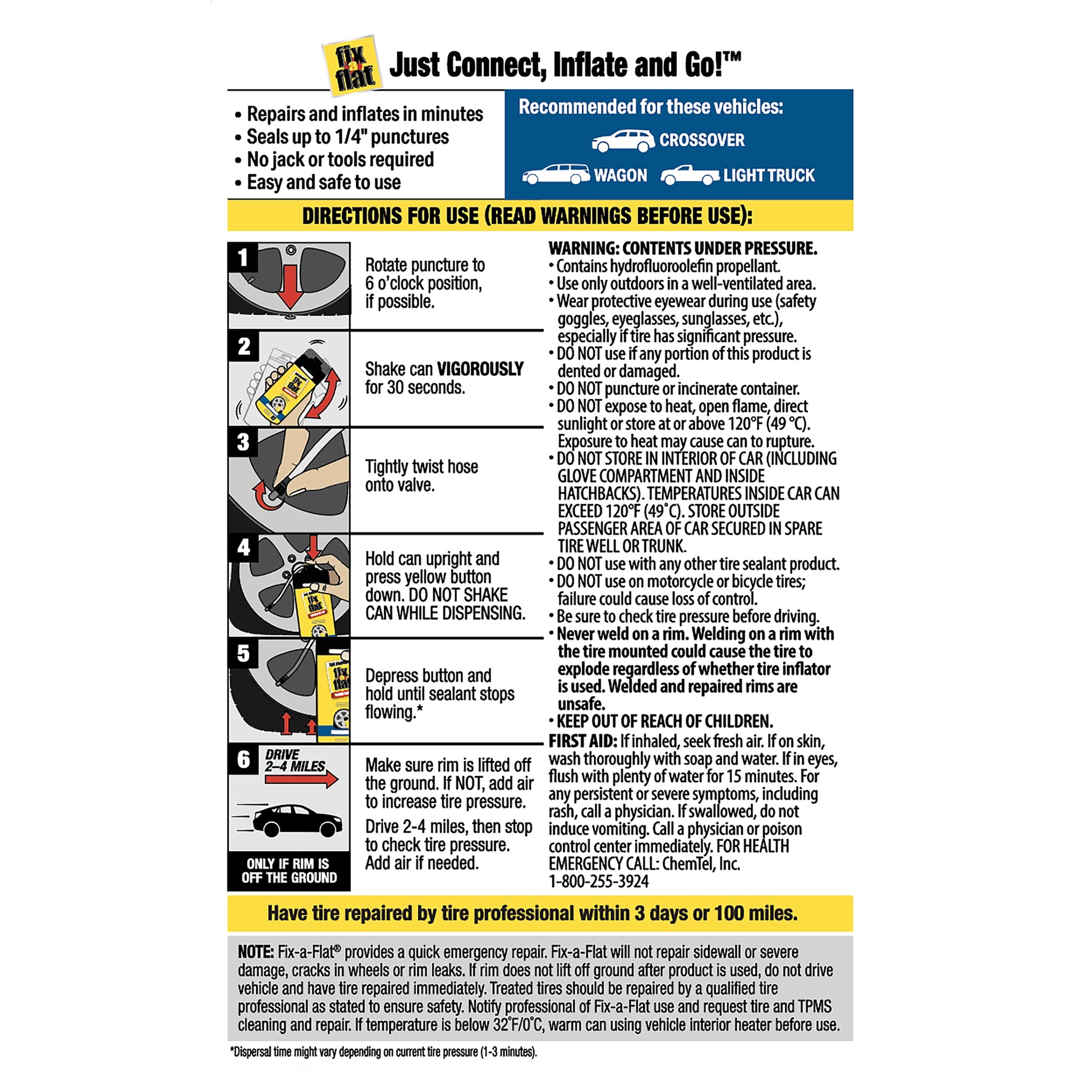 Fix-A-Flat Aerosol Emergency Flat Tire Repair and Inflator, for Large Tires, Eco-Friendly Formula, Universal Fit for All Cars and Small Trucks/Suvs, 20 Oz. (Pack of 1) - S60430