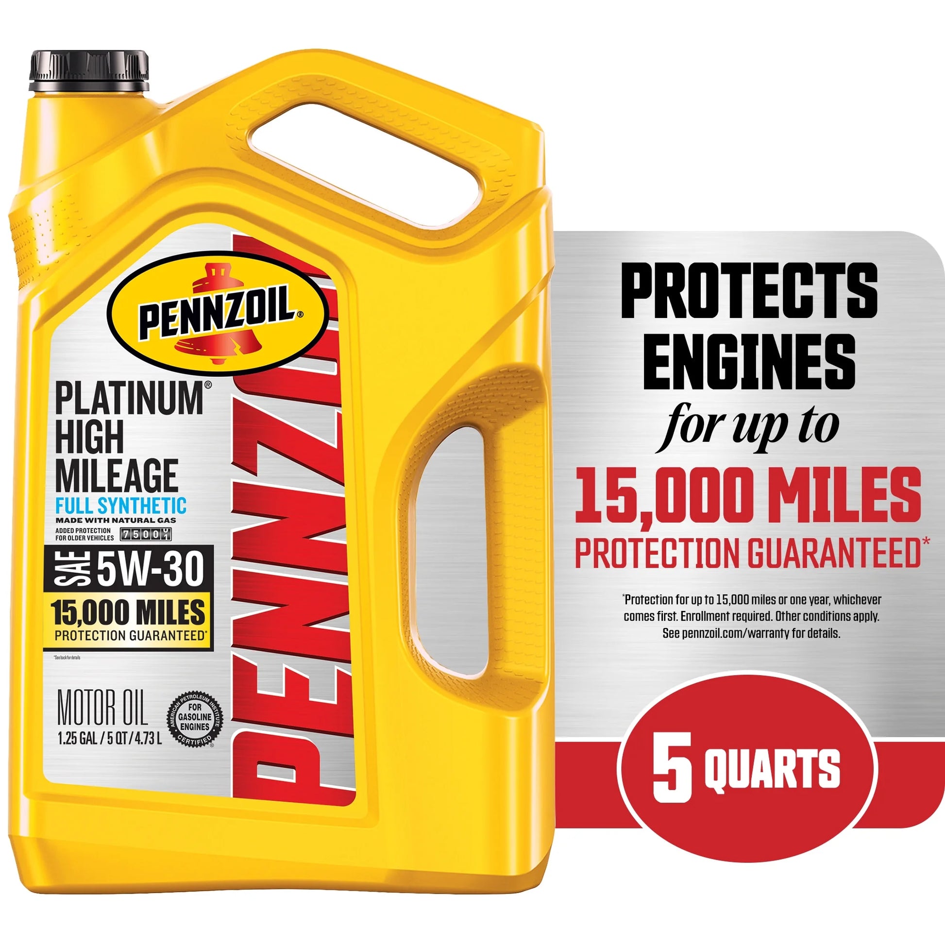 Pennzoil Platinum High Mileage Full Synthetic 5W-30 Motor Oil, 5 Quart