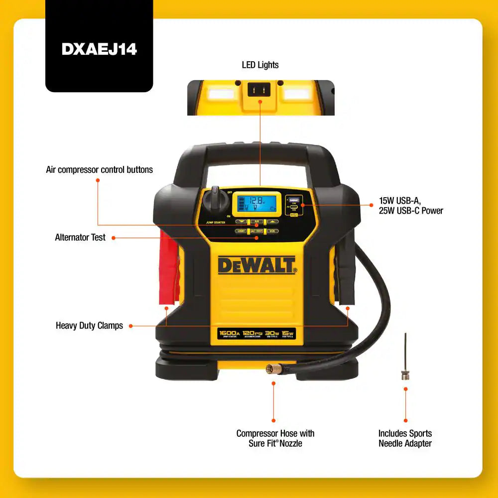 1600 Peak Amp Jump Starter with Digital Compressor and USB Power Bank