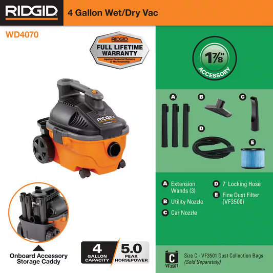 4 Gallon 5.0 Peak HP Portable Shop Vacuum Wet Dry Vac with Fine Dust Filter, Locking Hose and Accessory Attachments